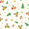 Hand drawn multicolor Christmas trees, gift boxes, baubles and stars design. Seamless vector pattern on light textured