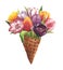 Hand drawn multicolored tulips in waffle cone