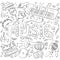 Hand drawn music background. Doodle musical instruments. Retro musical equipment.