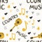 Hand-drawn musical seamless pattern with the inscription country music and country guitar, stars, notes, symbols
