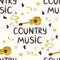 Hand-drawn musical seamless pattern with the inscription country music and country guitar, stars, notes, symbols