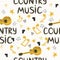 hand-drawn musical seamless pattern with the inscription country music and country guitar, stars, notes, symbols, objects and