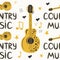 hand-drawn musical seamless pattern with the inscription country music and country guitar, stars, notes, symbols, objects and