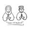 Hand drawn of Muslim women and men greeting happy Eid the holy celebration for islamic religion. doodle style