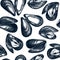 Hand Drawn mussels seamless pattern. Vector package, banner, cover, wrapping paper template with trendy seafood elements.