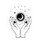 Hand drawn mystical Moon with woman`s hands, stars in line art. Spiritual symbol celestial space