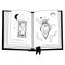 Hand drawn mystical open book with hourglass, glass bottle, moon and star in line art. Magic collection, symbol, talisman, antique
