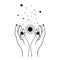 Hand drawn mystical Sun with woman hands, stars in line art. Spiritual symbol celestial space. Vector illustration isolated on