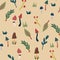 Hand drawn nature elements seamless pattern. Forest items, mushrooms, twigs, grass and cones. Scandinavian style woodland plants.