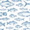 Hand Drawn Ocean Fish Vector Seamless Background Pattern. Anchovy, Herrings, Tuna, Dorado, Mackerel, Seabass and Salmons