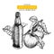 Hand drawn Oktoberfest pub poster. Apple cider beer drink. Vector glass bottle and apple branch. Bar alcohol beverages