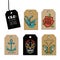 Hand drawn old School Tattoo Tags. Design Elements. Vector Vintage Set.