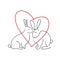 Hand drawn one line rabbits with heart. One line drawing rabbit isolated.