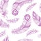 Hand drawn ornate doodle feather seamless pattern in violet color.