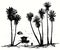 Hand drawn palm trees silhouette on beach with lifeguard tower. Couple in love looking at sunset in the ocean