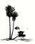 Hand drawn palm trees silhouette on beach with  lifeguard tower. Sunset in the ocean