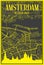 Hand-drawn panoramic city skyline poster with downtown streets network of AMSTERDAM, NETHERLANDS