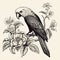 Hand Drawn Parrot And Flowers: Sepia Tone Detailed Composition