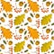 Hand drawn pattern of autumn leaves and acorns. Autumn leaves, leaf fall. Modern bright style