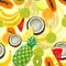 Hand drawn pattern with bananas, coconuts, pineapples. Seamless summer background.