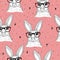 Hand drawn pattern with Vintage Rabbit sketch. Vector Print.