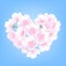 Hand drawn peach blossom cherry white flowers heart shaped plant blue background vector illustration