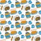 Hand drawn peanut butter seamless pattern. Vector background with breakfast, tea, nuts, stroopwafel and pancakes. For wrapping and