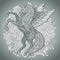 Hand drawn Pegasus mythological winged horse on bush roses backg