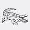 Hand-drawn pencil graphics, crocodile, alligator, croc. Engraving, stencil style. Black and white logo, sign, emblem