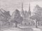 Hand drawn pencil sketch of church square with houses