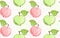 Hand drawn with pencils green pink apples on white