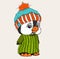 Hand-drawn penguin in warm winter clothes. Funny penguin in a hat in the yard. Congratulatory postcard Merry Christmas and Happy N