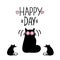 Hand drawn phrase lettering Happy Day and silhouette funny cat with rats on white background.