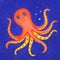 Hand drawn picture of swimming orange octopus under water