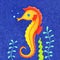 Hand drawn picture of swimming orange seahorse under water