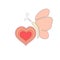 Hand drawn pink butterfly flying over heart. Charity donations kindness unity concept. Kids symbol