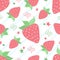 Hand drawn pink strawberry doodle seamless pattern with lettering, stripes, leaves, stars isolated on white background