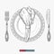 Hand drawn plate, napkin, fork and knife. Engraved style vector illustration.