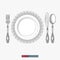 Hand drawn plate, spoon, fork and knife. Engraved style vector illustration.