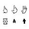 Hand drawn Pointer cursor icons. Web arrows cursors, mouse clicking and grab hand pixel icon. Computer pointers, internet cursor