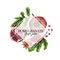 Hand drawn pomegranate composition. Vector colored engraved illustration. Juicy natural fruit. Food healthy ingredient