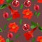 Hand drawn pomegranate fruit on a branch with leaves and flowers. Seamless pattern on burgundy color background for wallpaper,