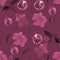 Hand drawn pomegranate fruit on a branch with leaves and flowers. Seamless pattern on monochrome dark pink background in gouache