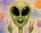 Hand drawn portrait of cute funny friendly alien showing peace gesture