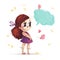 Hand drawn portrait of cute little girl with long brown hair standing next to flying butterfly and conversation box isolated