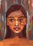 Hand drawn portrait of girl. Aged 18-25. Latin-American young lady. Brown hair. Dark yellow skin. Acrylic, oil and gouache