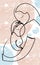 Hand drawn portrait of Mother holding a baby girl and hugging her tenderly.