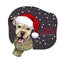 Hand drawn portrait of pit bull terrier dog wearing Santa hat and knitted scarf. Vector Christmas poster. Xmas greeting