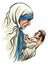 Hand drawn Portrait of Saint Mother Theresa with an orphan child