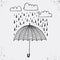 Hand drawn poster with umbrella, clouds and raindrops. Stylish typographic poster design. Used for greeting cards, posters and